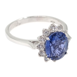  18ct white gold sapphire and diamond cluster ring, hallmarked, sapphire approx 2.2 carat  