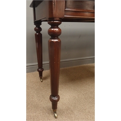  Victorian mahogany writing table with baize inset top and two frieze drawers on faceted tapering supports with brass sockets and castors, W107cm, H74cm, D58cm   