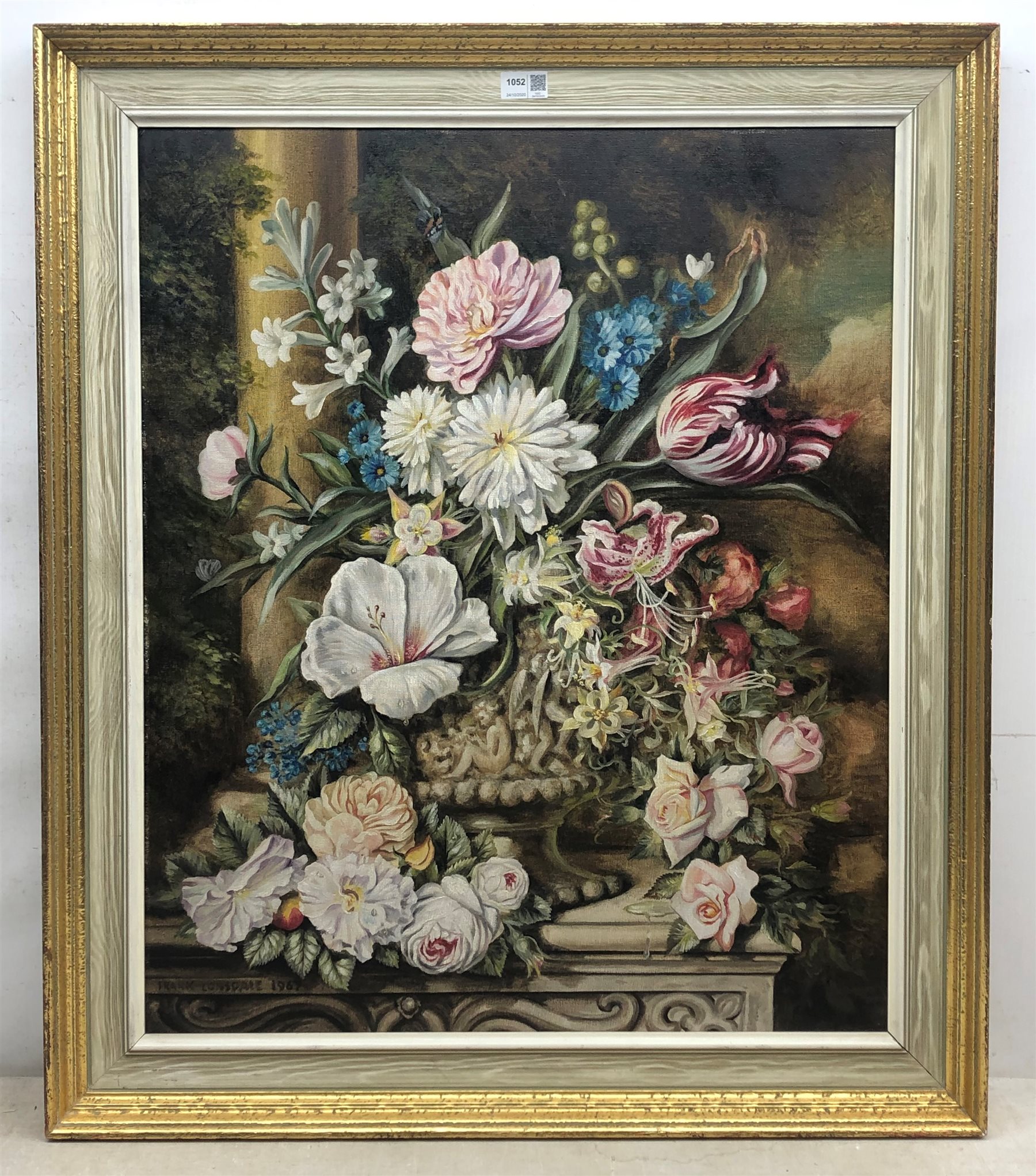 Frank Lonsdale (British 20th century): Still Life of Flowers on a Ledge, oil on board signed and dated 1967, 74cm x 62cm