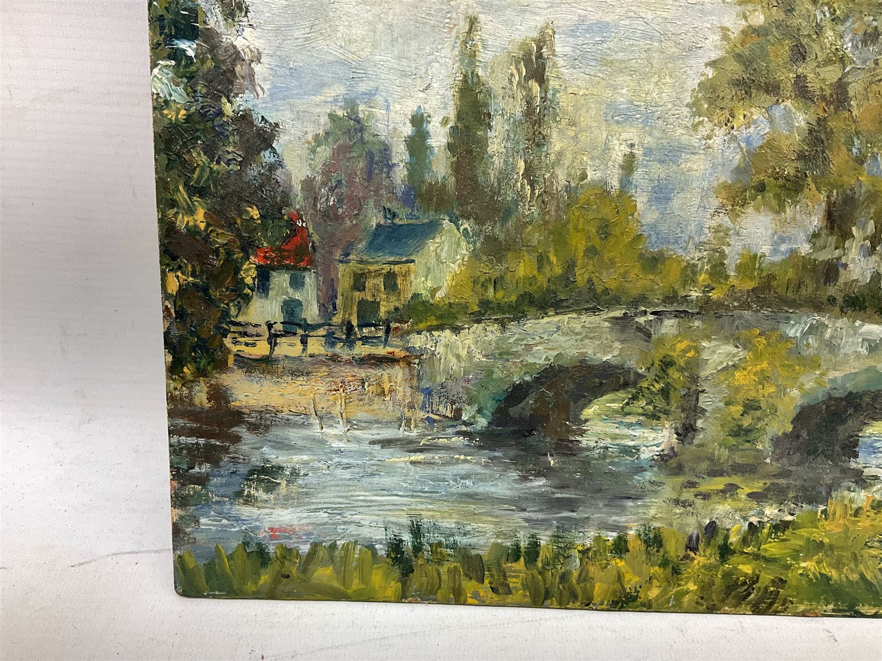 M. Holmes Pickup (Scottish, 20th Century): Bridge over River, Oil on board, signed in pen to lower right, 34cmx26.5cm