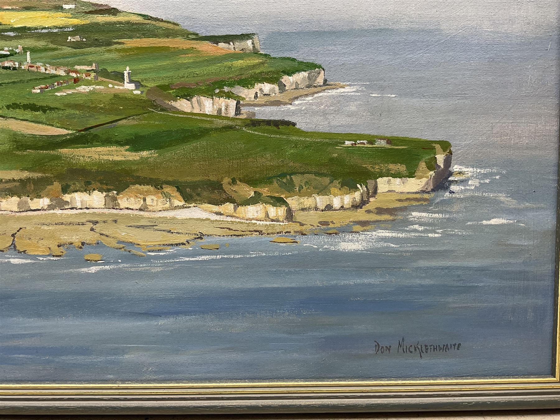 Don Micklethwaite (British 1936-): Aerial View of Flamborough Head, oil on board signed 45cm x 60cm; together with an impressionist oil signed Balmer (2)