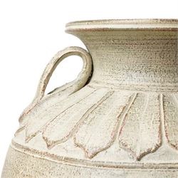 Near pair of large Taiwanese urns, with repeating leaf boarder to the neck, H49cm and H51cm (2)