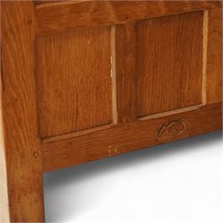 Mouseman - Oak 5' x 3' wardrobe, circa 1950s, scalloped cornice, panelled sides and front, twin doors with wrought metal latch and hinges, raised on stile supports with carved mouse to left hand side, by the workshop of Robert Thompson, Kilburn

Provenance - this lot comes to us for sale from direct descent of Robert Thompson. Thompson is the great grandfather of the vendor.
