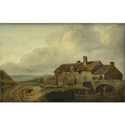 Continental School (18th century): Riverside Buildings with Cattle Grazing, oil on canvas unsigned 25cm x 38cm