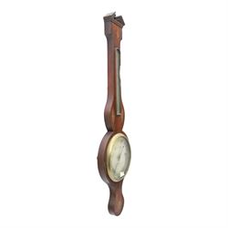 Three wheel barometers, a mother of pearl inlaid mahogany case, swan neck pediment, thermometer and circular dial, H 92cm, the second Sheraton Revival style with floral inlay, swan neck pediment, thermometer and circular dial, H 102cm, the third Sheraton Revival style, H 95cm (3)