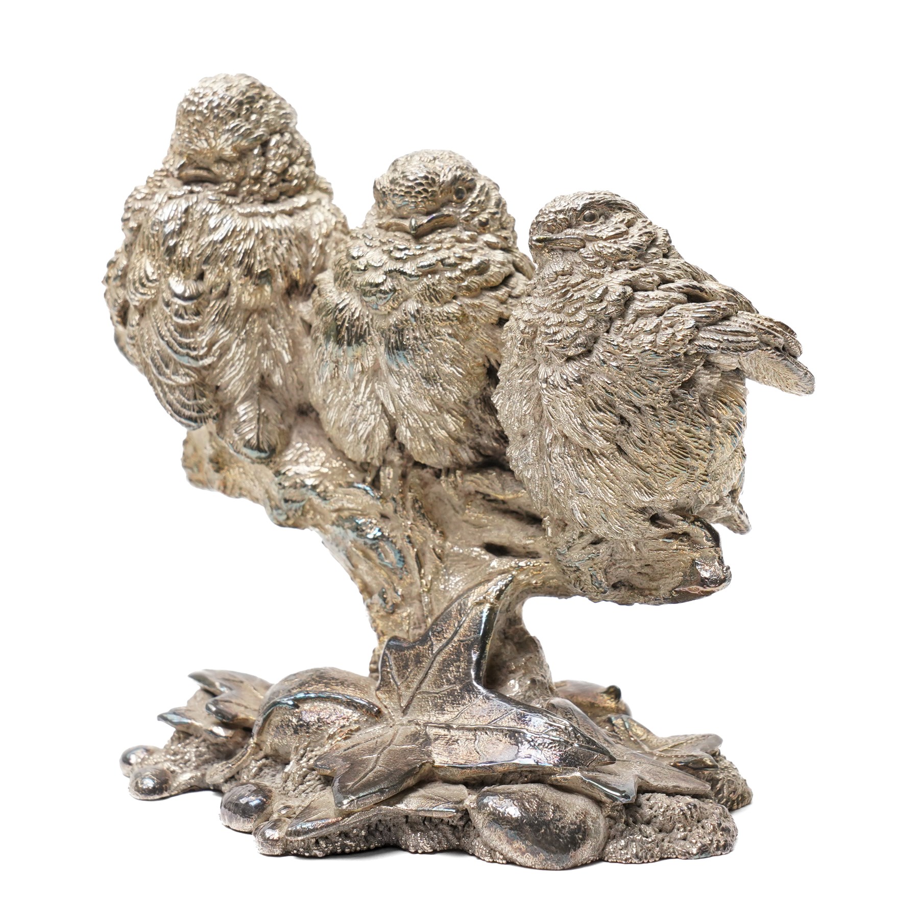 Country Artists silver filled model of three owlets on a branch W12cm
