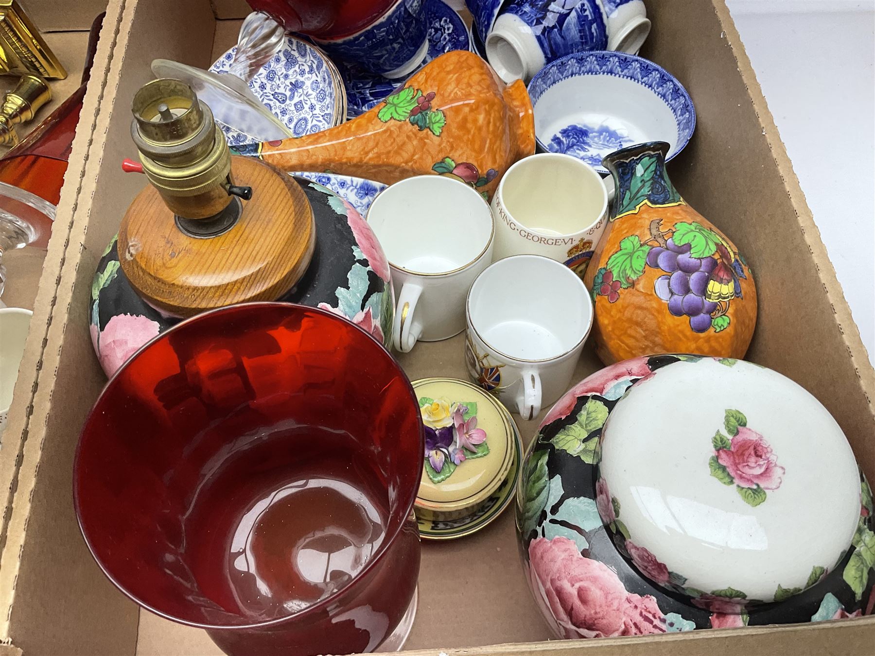 Newhall Boumier Ware vase, two Maling lustre bowlsmParagon George V commemorative cup, collection of ceramics and coloured and cut glassware, etc, in three boxes