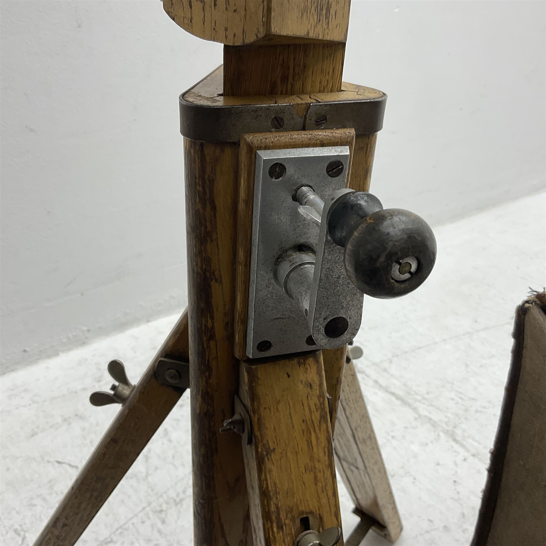 Kieser & Pfeufer folding mahogany and brass full plate camera, with adjustable wooden tripod