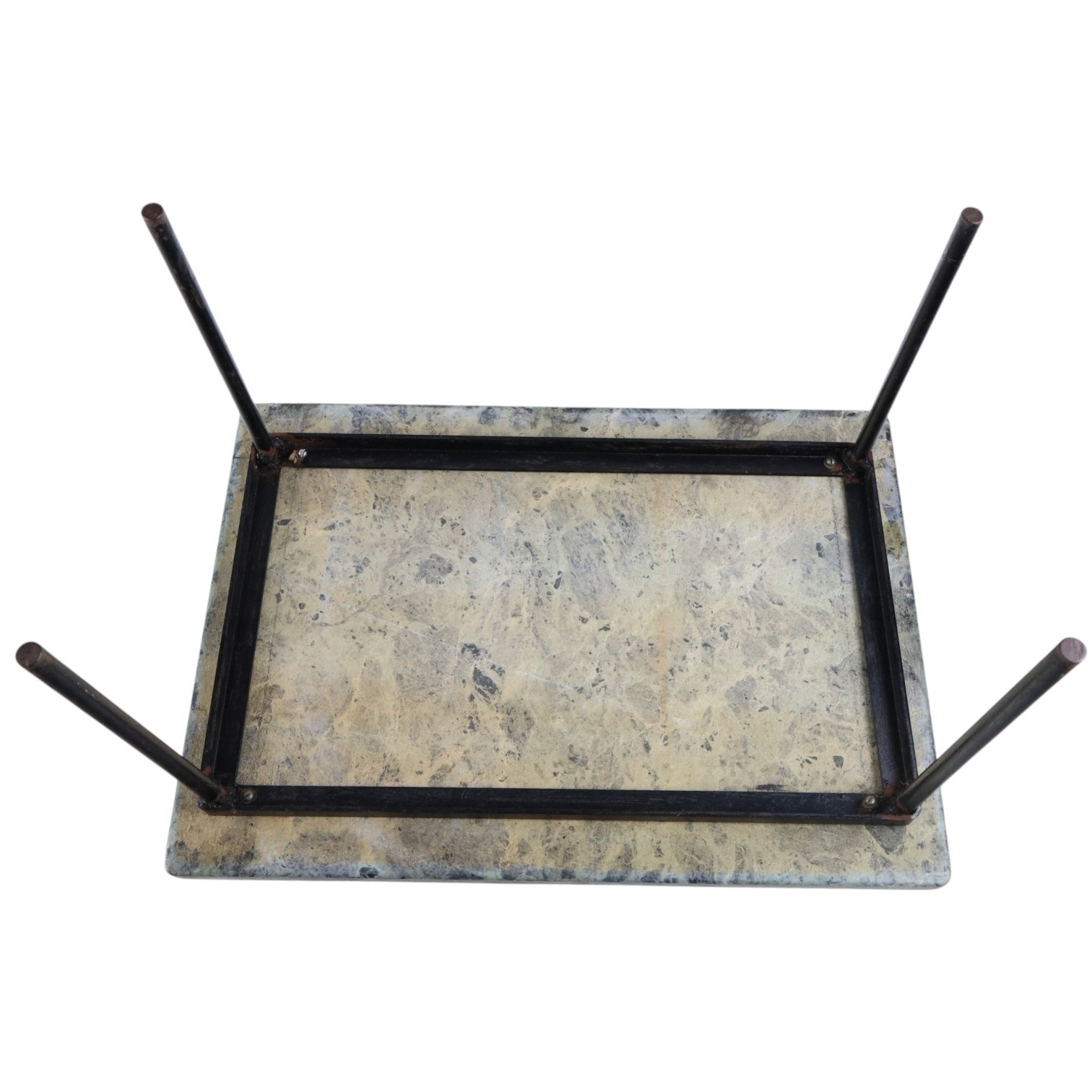 Small green marble topped occasional table, the rectangular top with dark veining raised on slender black painted metal legs, H 29cm, W 50cm