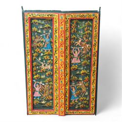 Two painted hardwood window shutters, decorated with tigers and figures 65cm x 93cm & 62cm x 90cm 