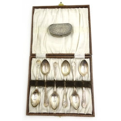  Silver kidney shaped snuff box, Birmingham 1914 and a set of six silver golf teaspoons approx 4oz  