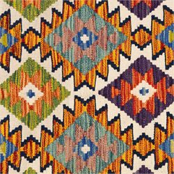 Two Chobi flatweave kilims with a repeating stepped diamond medallion design in live green, rust, teal, purple, and ivory, framed by chevron and geometric borders, 121x80cm & 87x60cm 