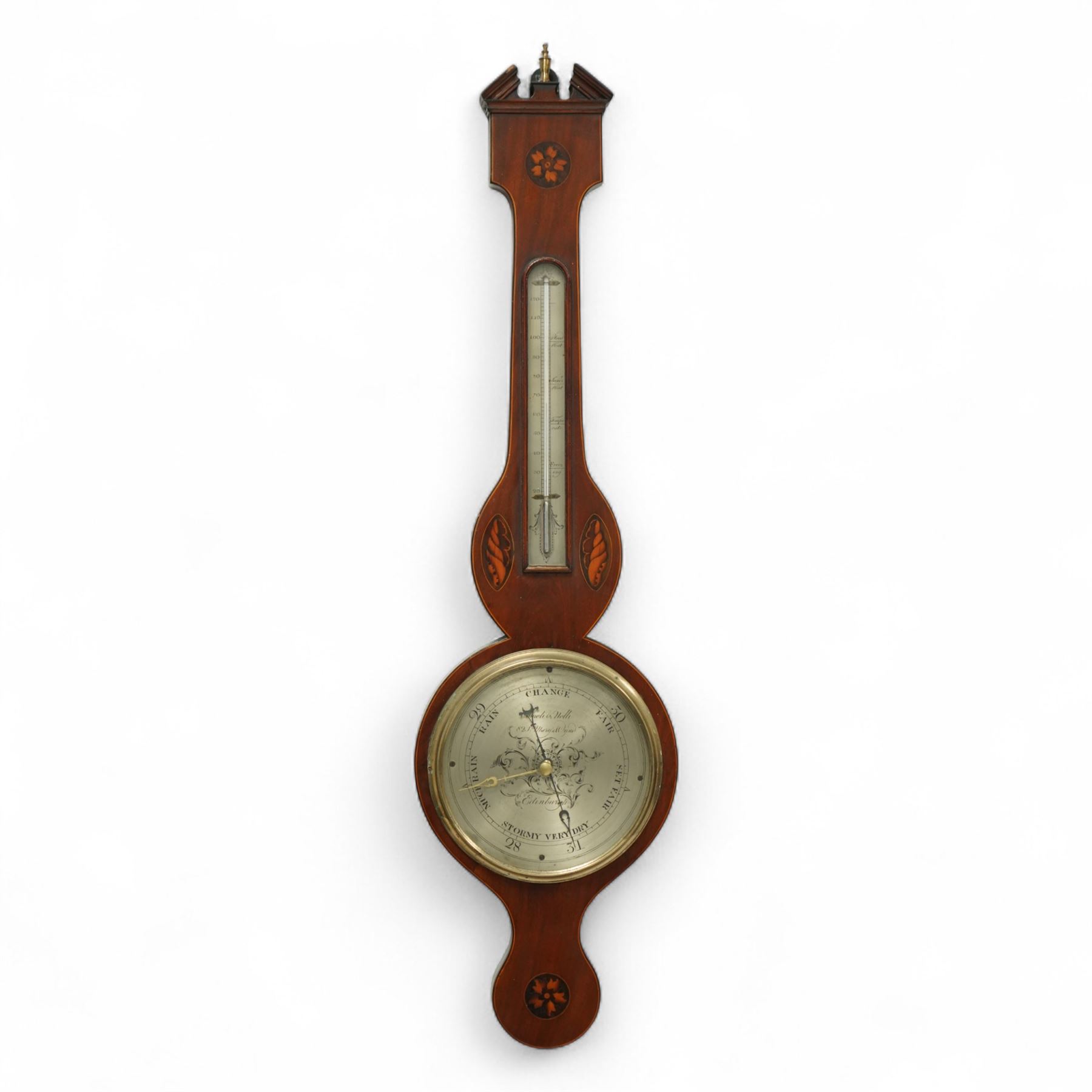  Comoli & Nolli of Edinburgh-early 19th century Sheraton mercury barometer c1820, with a broken arch pediment, brass finial and round base, mahogany case with stringing to the edge, oval conche and round petal inlay, with a boxed surface mounted mercury thermometer and silvered 8