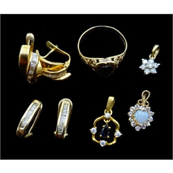  Pair of gold baguette diamond earrings, gold stone set ring and pendant, all hallmarked 9ct, pair of 18ct gold cubic zirconia earrings stamped 750 and two other pendants   
