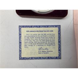 Jamaica 1975 eight coin proof set produced by the Franklin Mint and a Jamaica 1978 sterling silver proof twenty-five dollar coin, both cased with certificates