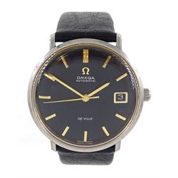 Omega de Ville gentleman's stainless steel automatic wristwatch, black dial with date aperture, on black leather strap