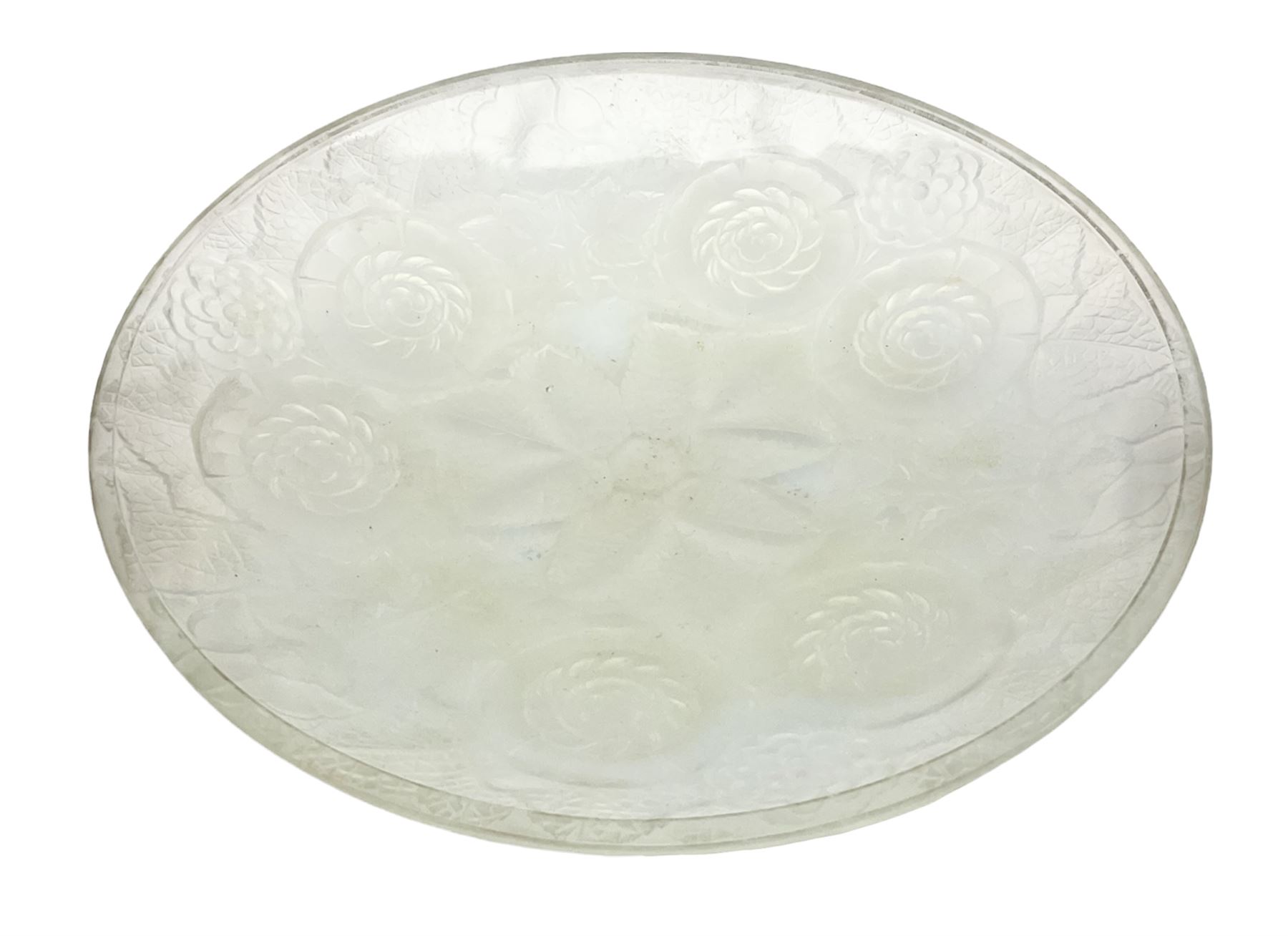 Early 20th century French opalescent shallow glass dish, with moulded floral decoration, D31.5cm