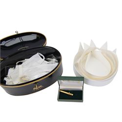 Judge's regalia, including, barrister’s wig in tin monogrammed J.A.W, Ede and Ravenscroft gown, tin of collars, jacket and waistcoat by Daniel Drescott, a glass case containing three miniature legal wigs; barrister’s wig, judge’s full bottom wig and bench wig and four Vanity Fair Spy prints