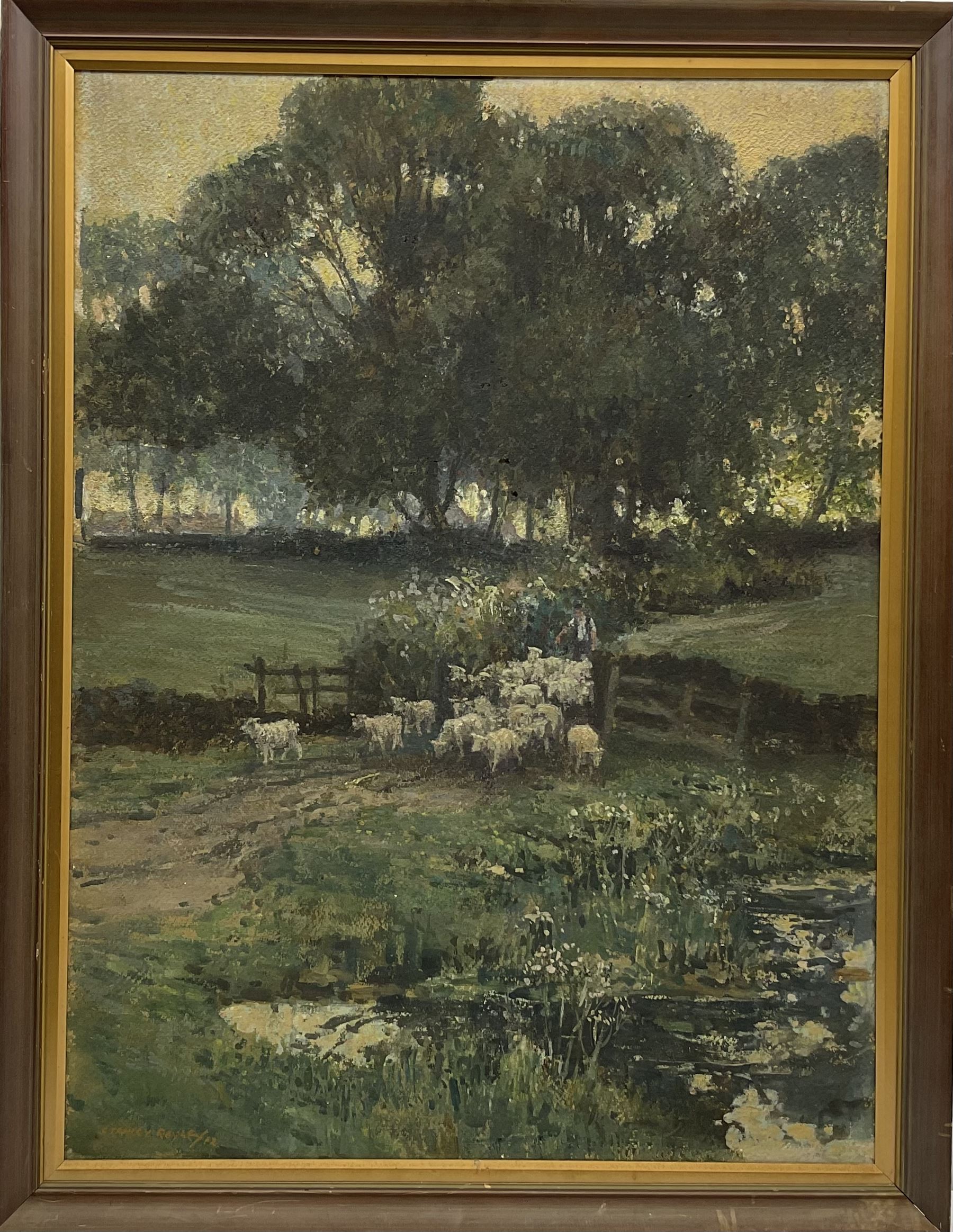 Stanley Royle (British 1888-1961): Herding Sheep through a Gateway, gouache signed and dated '12, 71cm x 53cm