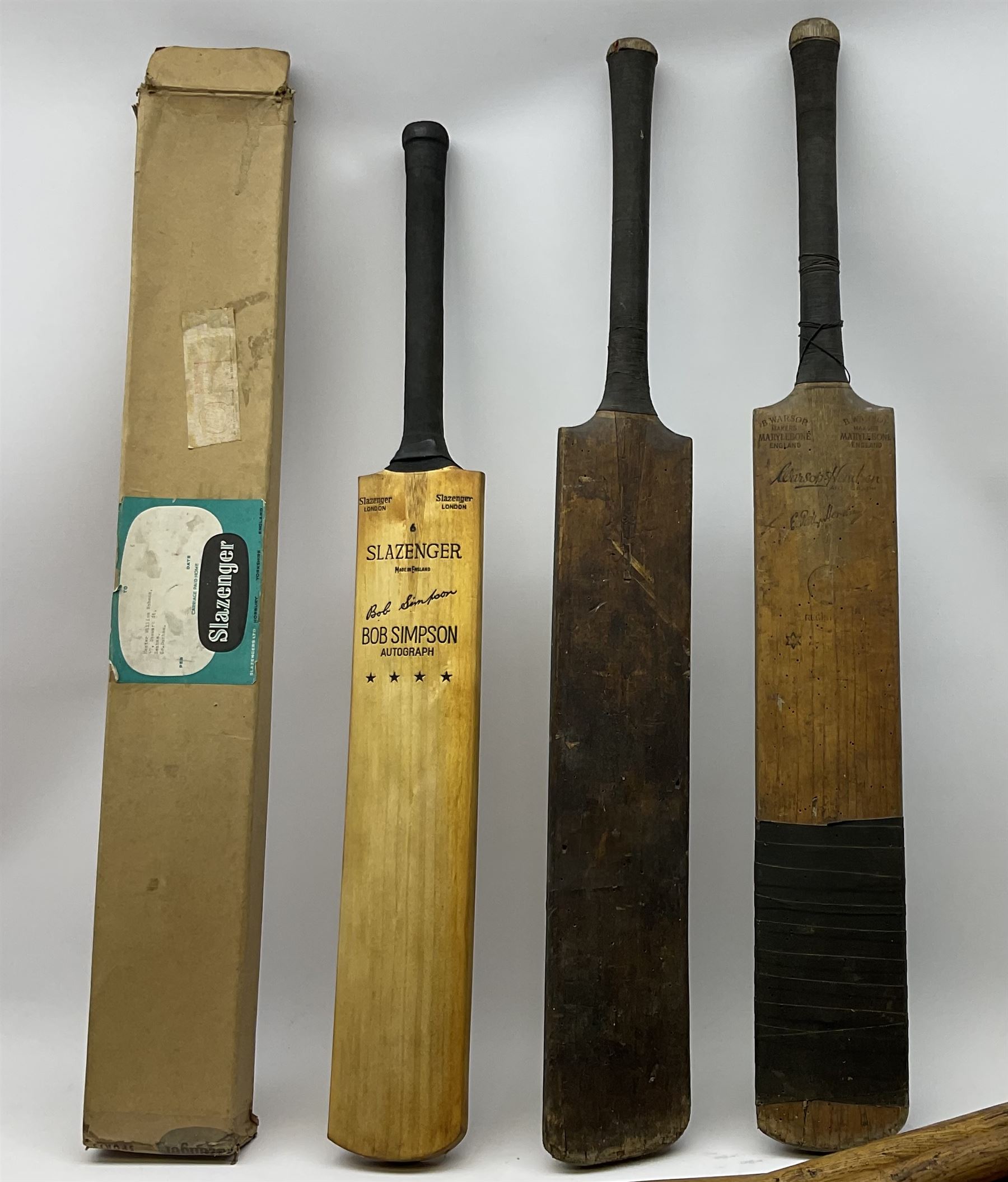 Cricket bat with Bob Simpson autograph, together with B Warsop Hendren autographed bat, another bat and six stumps and bales