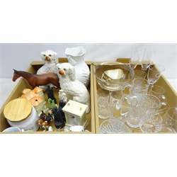  Beswick matt horse, pair Staffordshire dogs, pair Beswick Beagles, Culinary Concepts bottle stand, four Beneagles matt glazed Scotch whisky flasks, Dartington pedestal fruit bowl with Exeter Crest and other etched glassware including Rolls Royce, Carlisle Races, Ayr Racecourse, Roger Taylor Tennis Centre engraved tankard etc  
