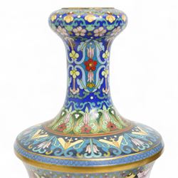 Pair of 20th century Chinese cloisonne vases decorated with an all over floral design on a blue ground and on carved wooden stands H36cm 