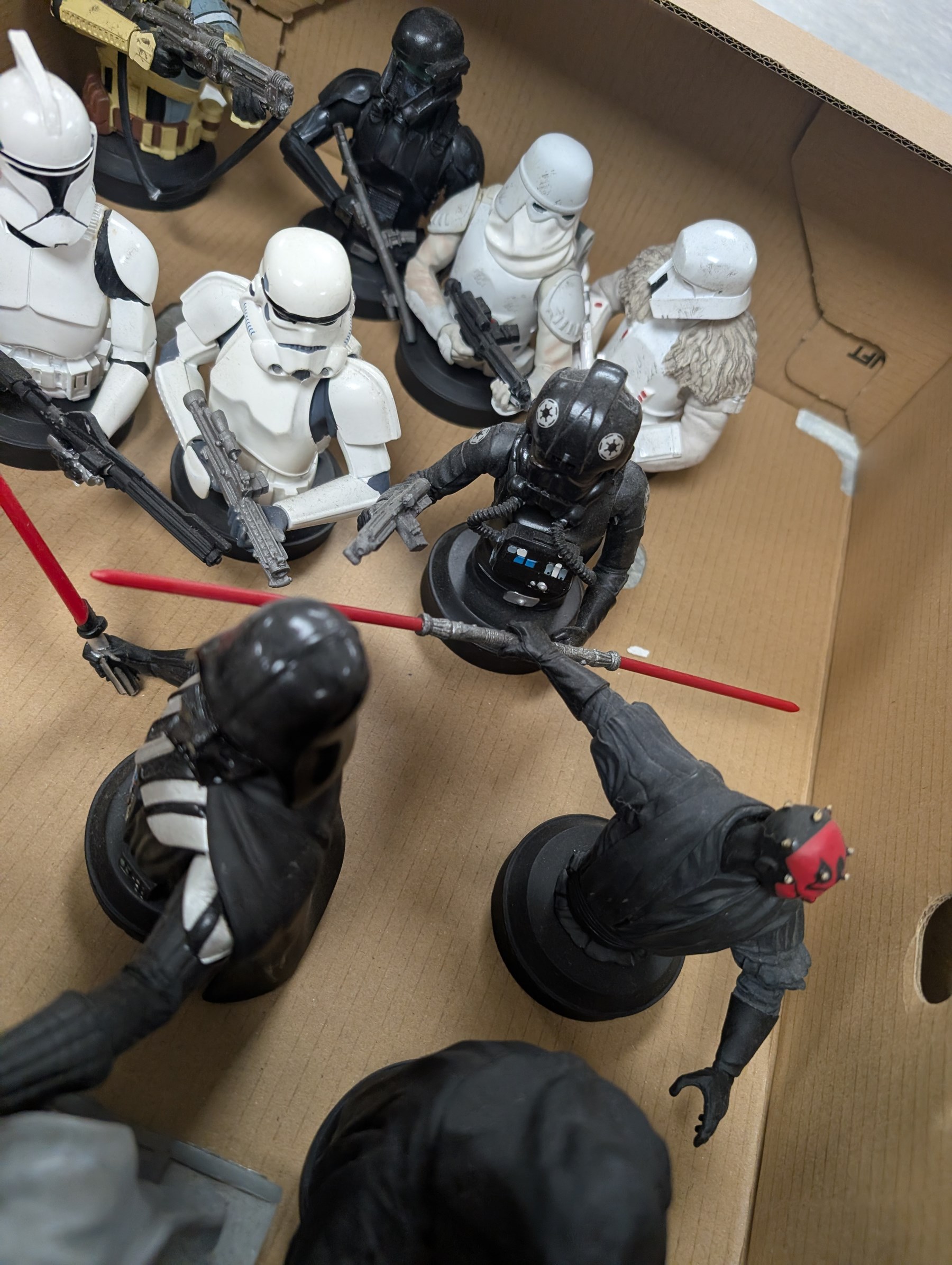 Large collection of Star Wars figures, including bobble heads, Disney busts, Funko etc, together with a collection of loose empty boxes in five boxes