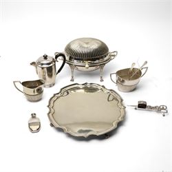 Silver plated items including chafing dish with revolving cover, circular salver, small hi...