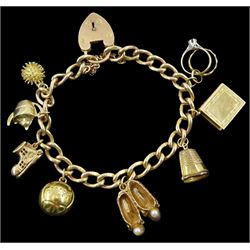 Gold curb link bracelet, with heart locket and eight charms including pair of rings, hedgehog, football pair of shoes and a house boot, all hallmarked 9ct