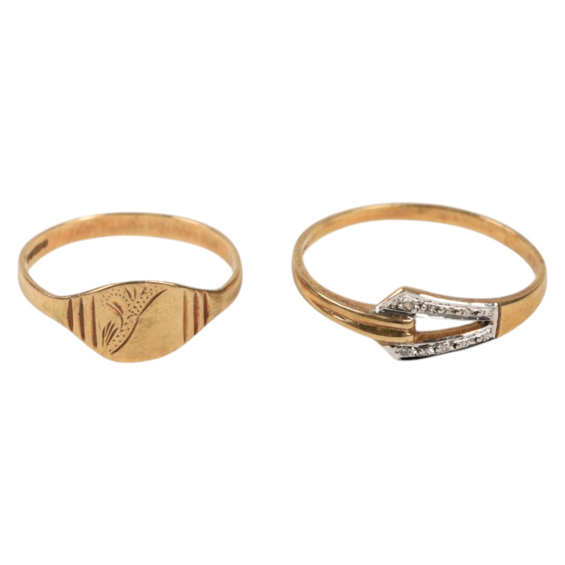 Two 9ct gold rings, both hallmarked, two 9ct gold and silver rings and a costume ring