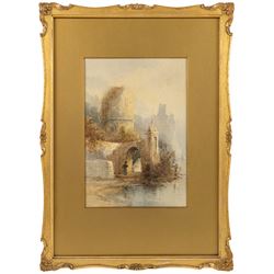 Attrib. James Duffield Harding (British 1798-1863): View of the East Yorkshire Coast, pencil unsigned 18cm x 27.5cm; Continental School (19th/20th century): Girl Underneath Archway, watercolour unsigned 24cm x 16cm and English School (19th/20th century): Horse Riders in a Forest Clearing, oil on board indistinctly signed 14cm x 20cm (3)