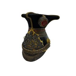 16th Queens Lancers Officers Lance Cap, black leather body with gilt braid lace and gilt wire braiding to the peak, officers silver gilt helmet plate to the front, the black cloth mortar board top with thick bullion wire, the bullion socket holder with embroidered GR cipher to the centre, lion head side bosses with velvet backed linked chinstrap, interior with leather sweatband and cloth lining, marked Carter & Co Pall Mall, the helmet is housed in japanned storage tin with brass plaque engraved “Lieu H L Evans, 16th Lancers'