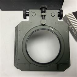 Zenza Bronica ETRS camera body, safari edition, serial no. 7100811, with 'Zenza Bronica Zenzanon EII 1:2.8 f=75mm' lens, serial no. 7908591, film magazine back, safari, serial no. 8100564, AE-ii metering head, safari, serial no. 617024, etc, all in leather case