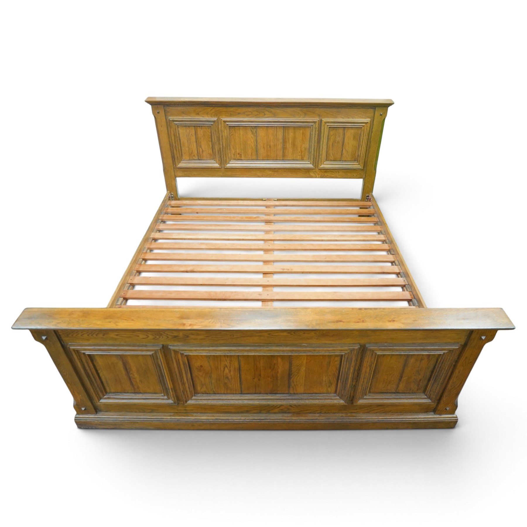 Contemporary oak superking sized bed and unused mattress, panelled headboard and footboard, with slats and superking William Night 'Rock Firm' mattress  