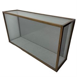 20th century oak display case, with four glass panels and felt lined back and base, H105cm, D53cm, L195cm 