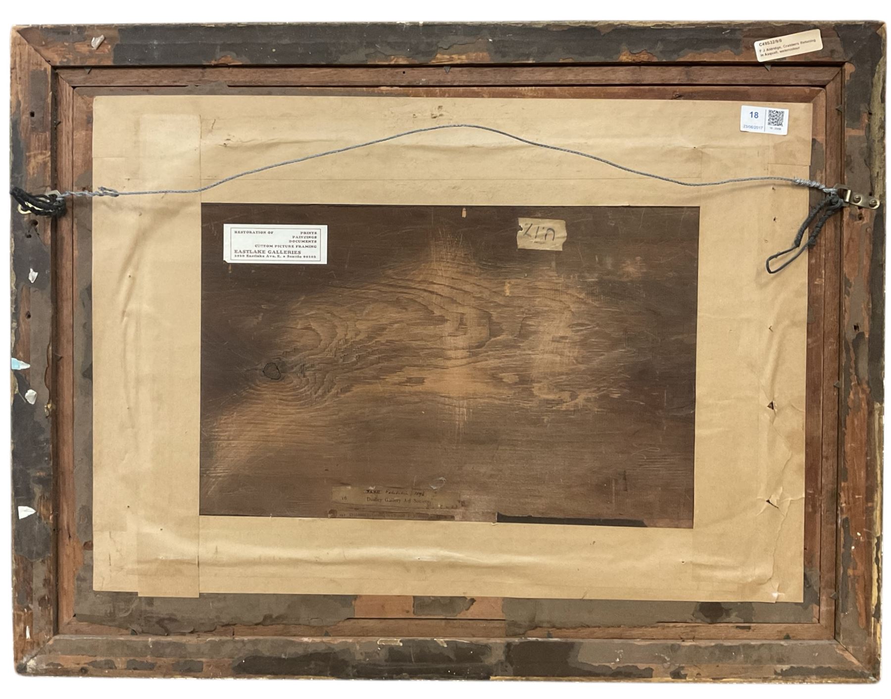 Frederick James Aldridge (British 1850-1933): ‘Crabbers Returning in a Squall’, watercolour signed, titled on frame 34cm x 52cm 
Provenance: private collection, purchased David Duggleby Ltd 23rd June 2017 Lot 18; exh. 32nd Dudley Gallery Art Society Exhibition 1896 no. 242, label verso