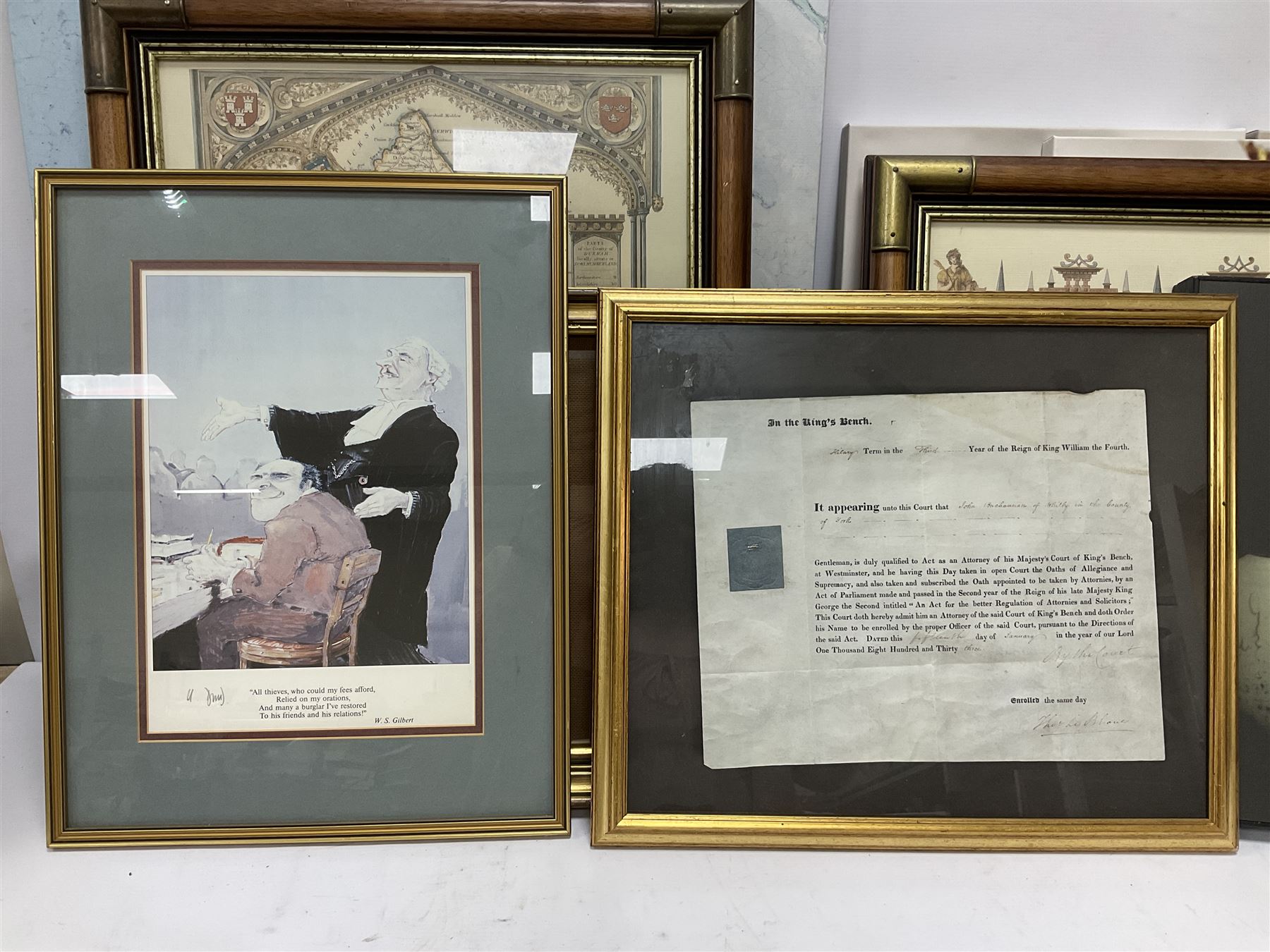 Andrew Gilmour; 'Ribblehead to Hawes' and 'Hag Dyke', three framed maps, together with three canvas flower prints, etc