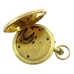 Victorian 18ct gold full hunter, keyless English lever chronograph pocket watch by J. Hargreaves & Co, Liverpool, 'Makers to the Queen and H. R. H. the Prince of Wales', No. 54351, white enamel dial with Roman numerals, case makers mark J H & Co, Chester 1895
