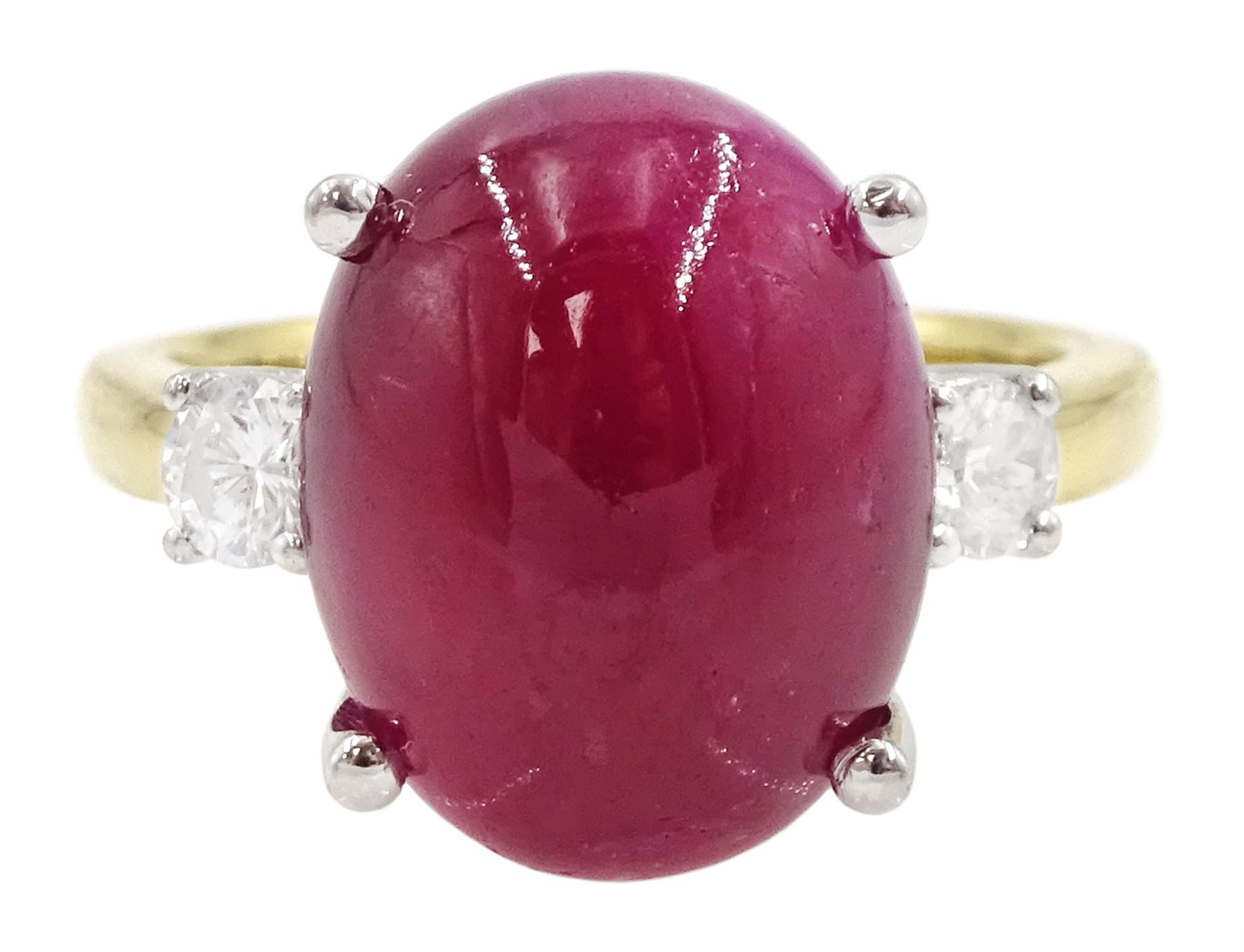 18ct gold three stone cabochon ruby and round brilliant cut diamond ring, hallmarked, ruby approx 11.40 carat
