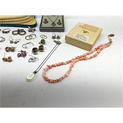 Two gold signet rings and a sapphire, opal and diamond ring, single stone diamond ring, pair of gold stone set earrings and other gold earrings, all 9ct stamped or hallmarked, silver earrings and other costume jewellery