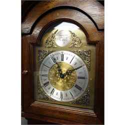  Reproduction mahogany longcase clock, stepped arch hood, gilt dial with silvered Roman chapter ring, plate 'Tempus Fugit', triple weight driven movement, quarter chiming on rods, H177cm  