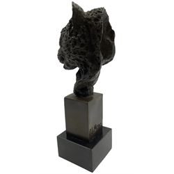 Bronze leopard bust, after P J Mene, mounted on black marble plinth, H24cm
