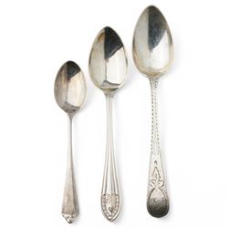 Set of twelve silver coffee spoons with shaped finials Birmingham 1956, set of six silver teaspoons engraved with initials Sheffield 1932 and five George III teaspoons London 1808 Maker Peter and William Bateman