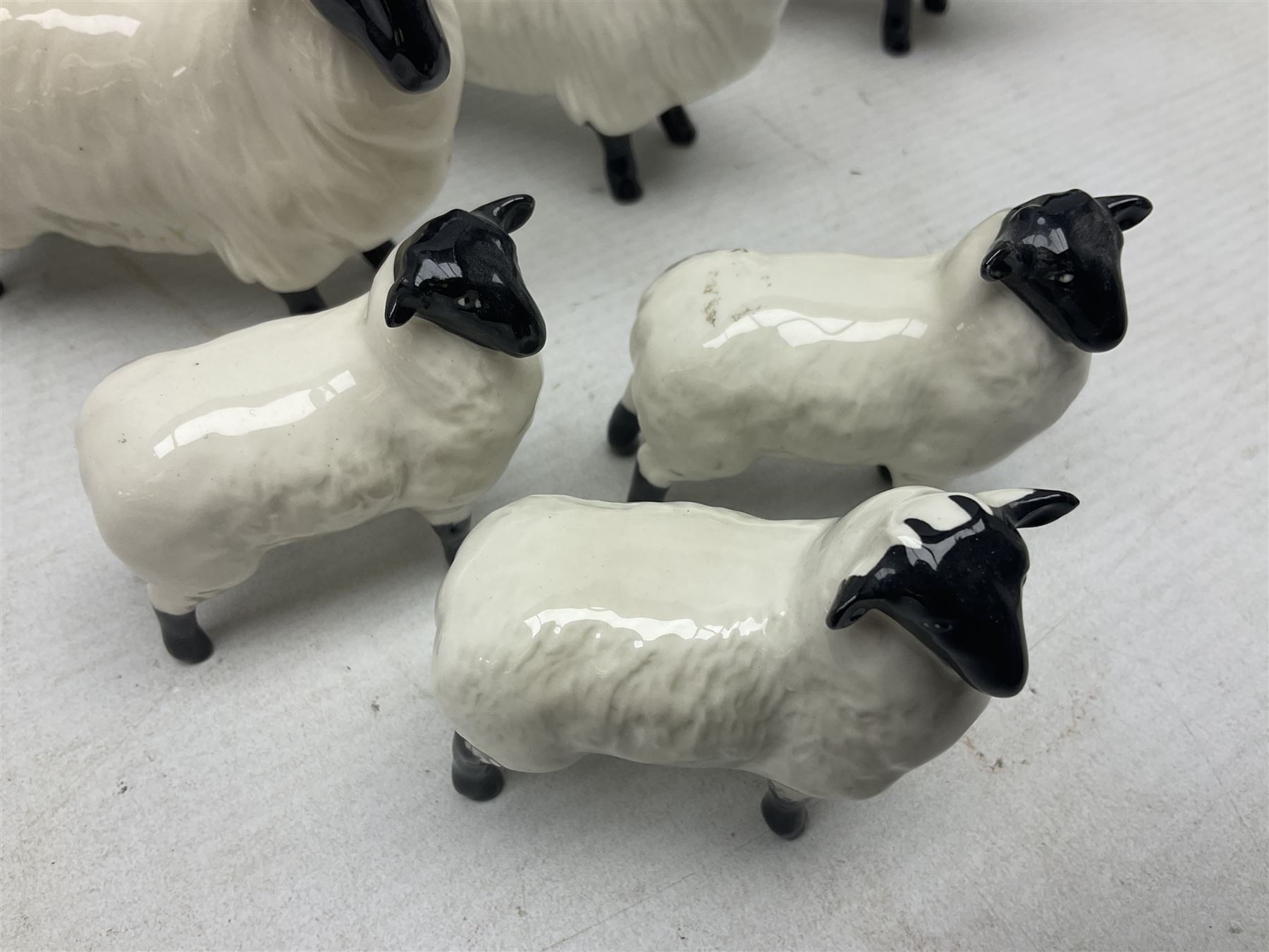 Seven Beswick figures of sheep comprising three ewes and four lambs, together with a figure of a sheepdog (8)