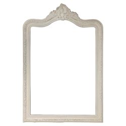 French design white finished mirror, shaped cresting rail with shell moulded pediment with C-scrolls and roses, bevelled plate surrounded by applied beading and foliate decoration