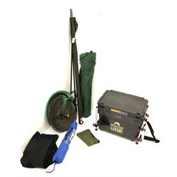 Fishing tackle including Steade-Fast Leeda fishing box/seat, folding chair, small wind & sun shelter, 'Shakespeare Norris' reel and other fishing related items