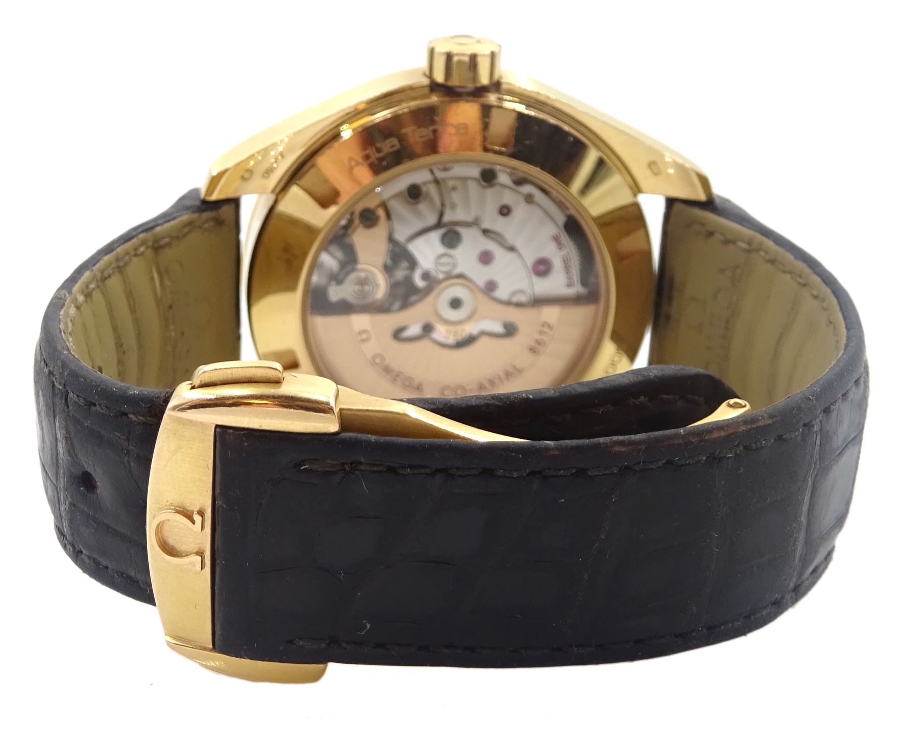 Omega Seamaster Aqua Terra 150M Co-Axial Chronometer Day-Date 18ct gold wristwatch, Cal. 8612, serial No. 86569172, on original black leather strap with 18ct gold fold-over clasp, boxed with certificate and warranty 2016