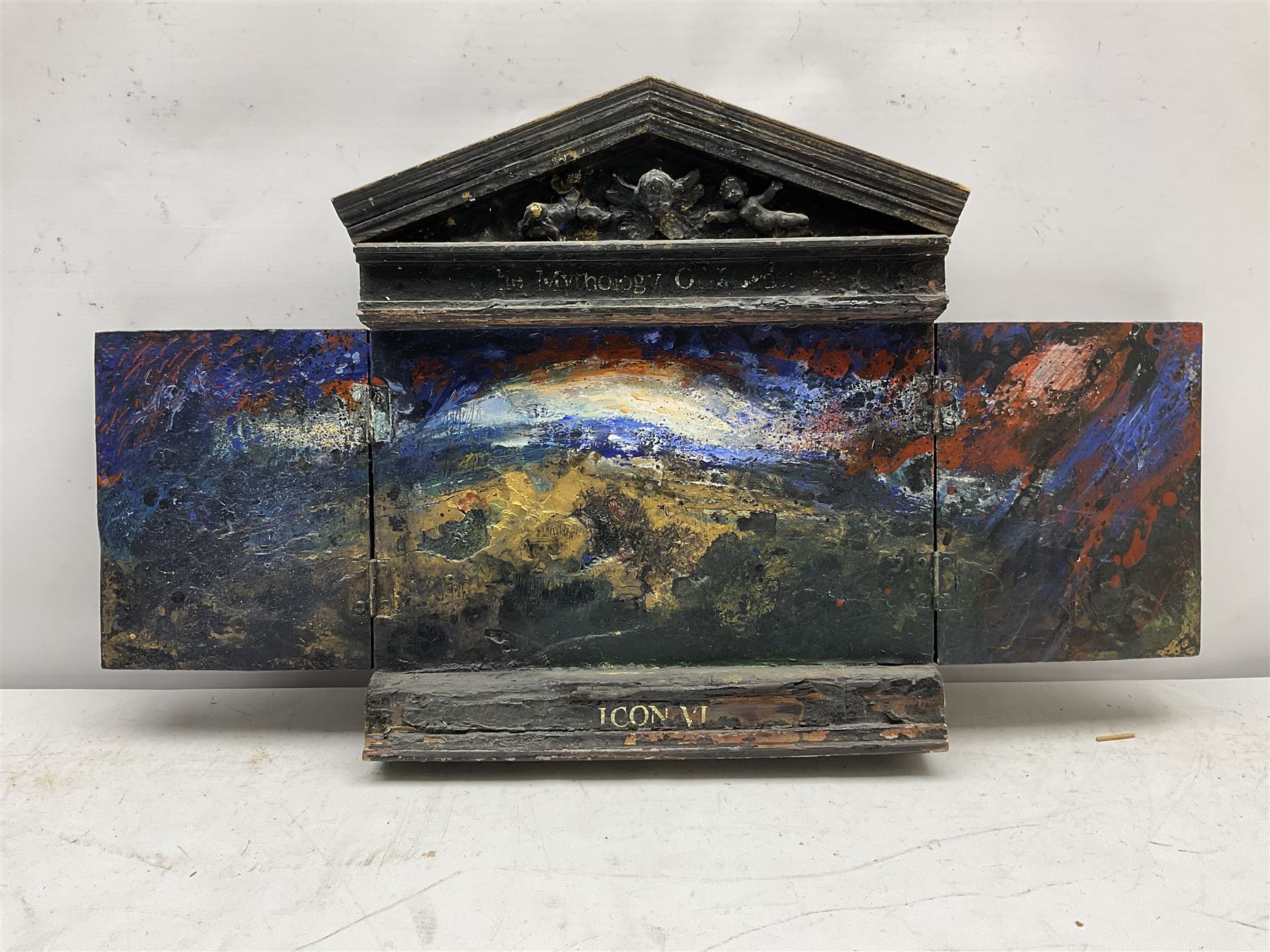 Frank Gordon (Northern British 1943-): 'The Mythology of Landscape - Icon VI', three dimensional acrylic on wood, titled verso with artist's address label 38cm x 66cm
Notes: Frank entered Bolton College of Art at the age of fifteen, followed by thirty years of teaching art and his early retirement in 1995, he moved to Giggleswick in the Yorkshire Dales 