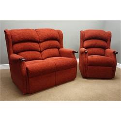 Two seat sofa (W125cm), and matching wingback armchair (W80cm), upholstered in red chenille fabric,  