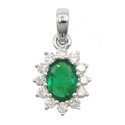 9ct gold oval emerald and diamond cluster pendant, emerald approx 1.80 carat